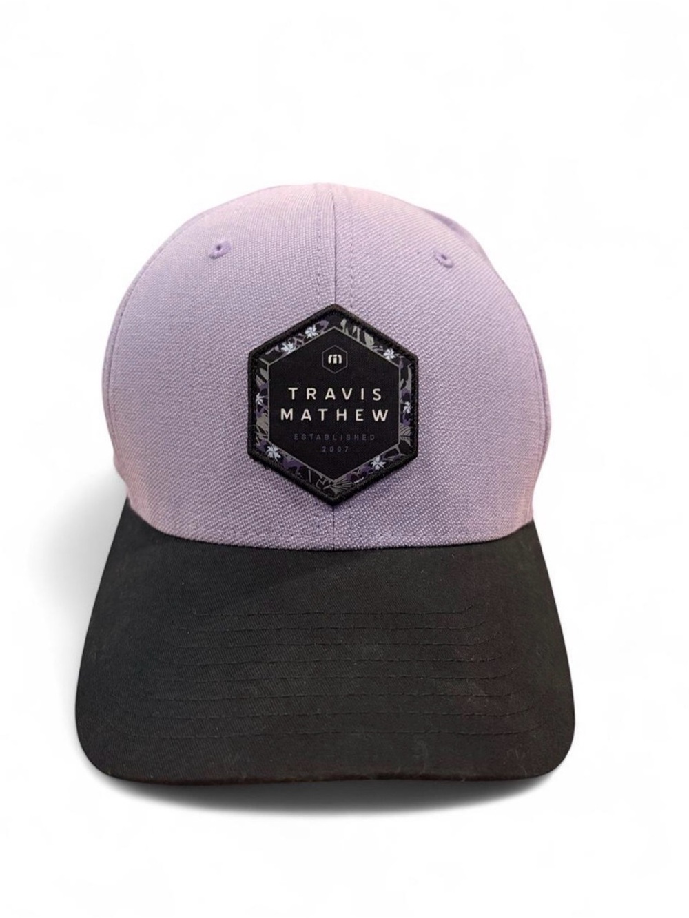 TravisMathew Tall Bamboo Golf Hat Mens L XL Light Purple Black Yupoong Flexfit